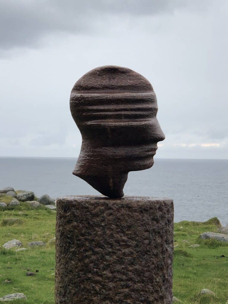 "Head" sculpture at Eggum, The head is immobile, but it still turns upside down as we move around the sculpture